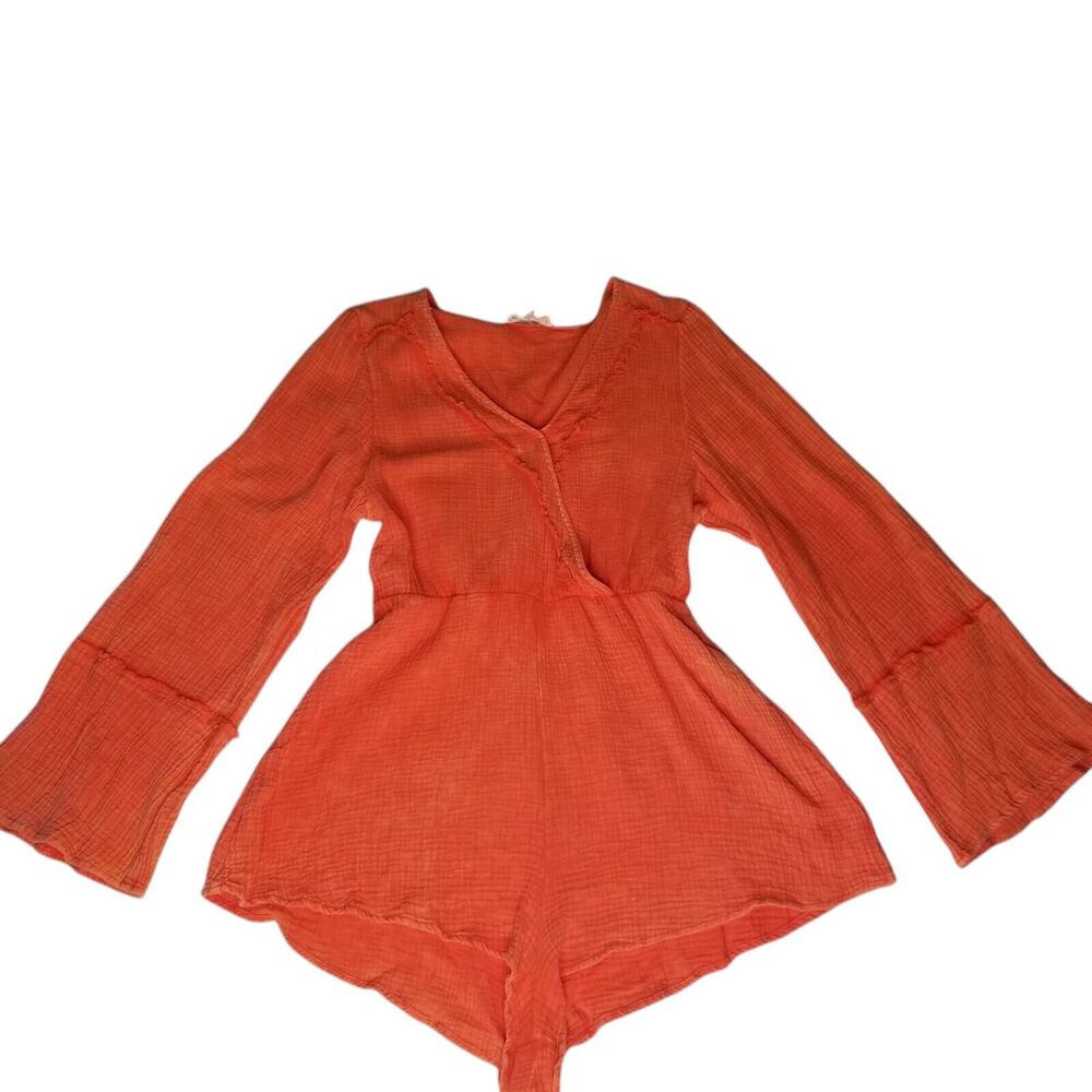 Peach Love Gauze Orange V Neck Cotton Lagenlook Jumper Boho Beach Medium Romper